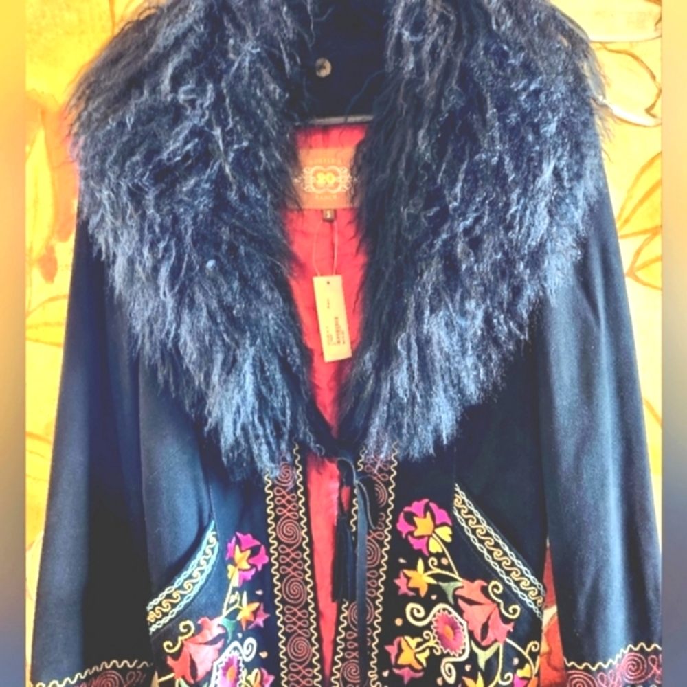 DOUBLE D RANCH Black Suede Embroidery Mongolian Lamb Fur Collar Cuffs Jacket NWT - Picture 4 of 16